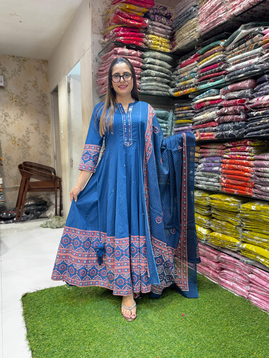 Pure Cotton Blue Anarkali 3pc Set