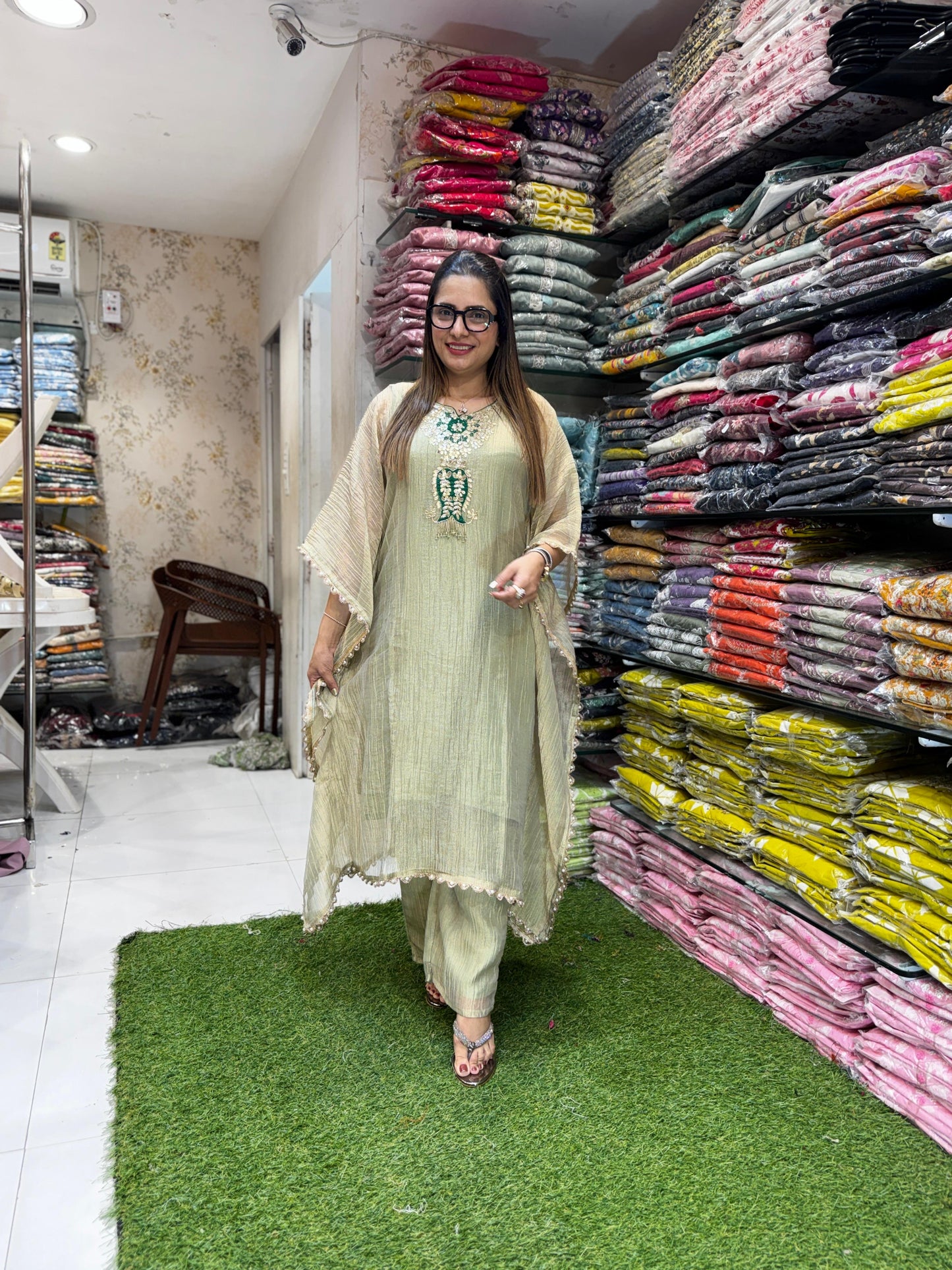 Pure Glass Crush Tissue Pastle Green Kaftan 2pc Set