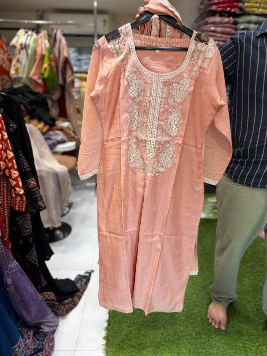 Pure Banaras Mull Chanderi Peach 3pc Set