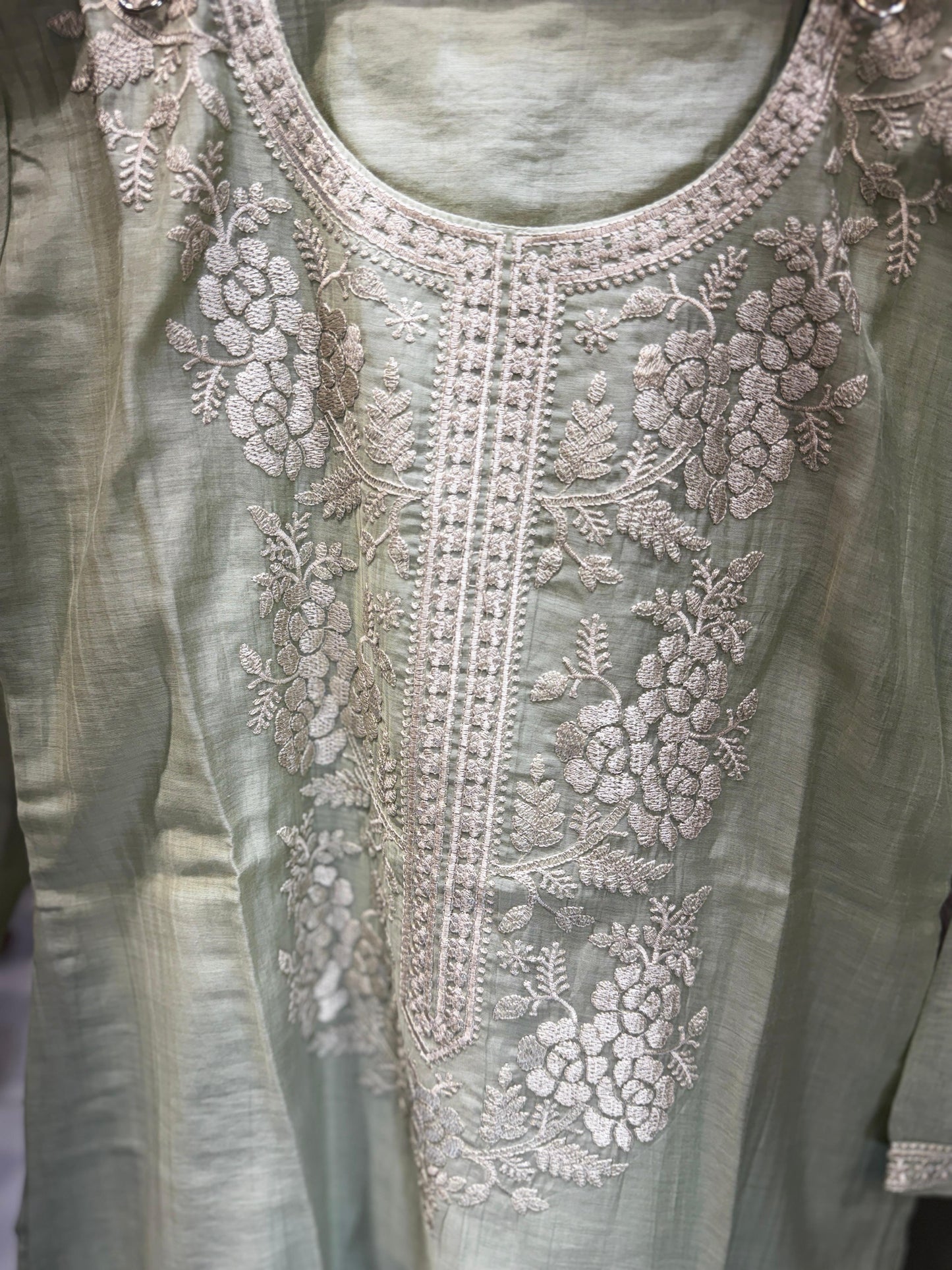 Pure Banaras Mull Chanderi Pastle Green 3pc Set