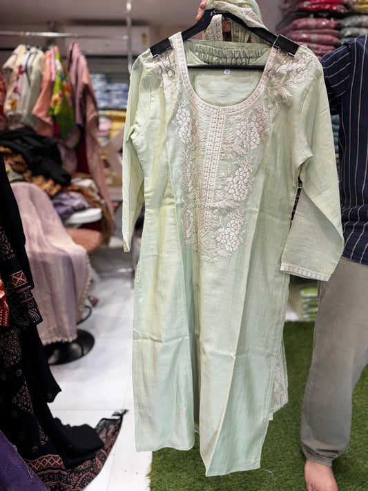 Pure Banaras Mull Chanderi Pastle Green 3pc Set