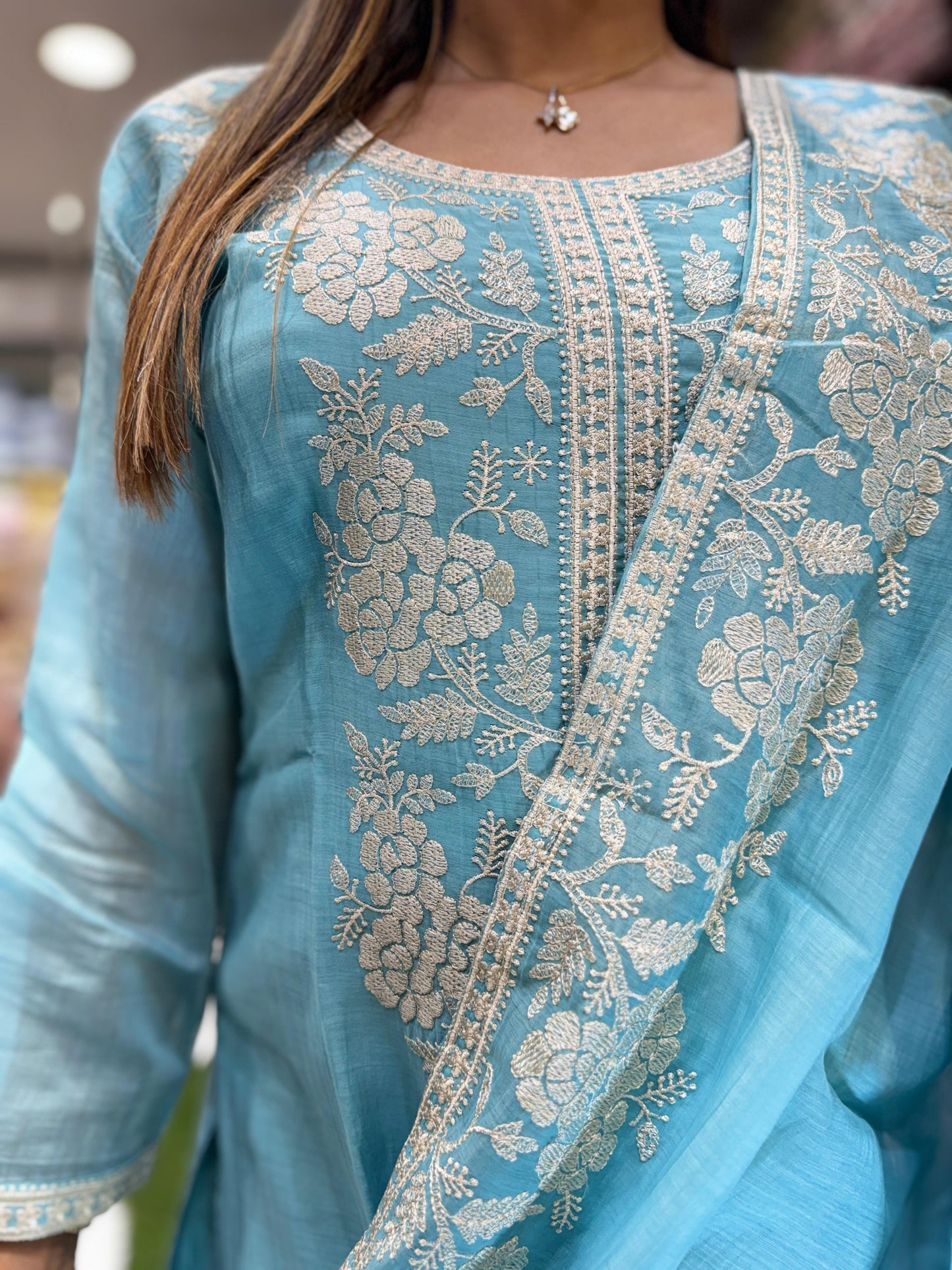 Pure Banaras Mull Chanderi Sky Blue 3pc Set