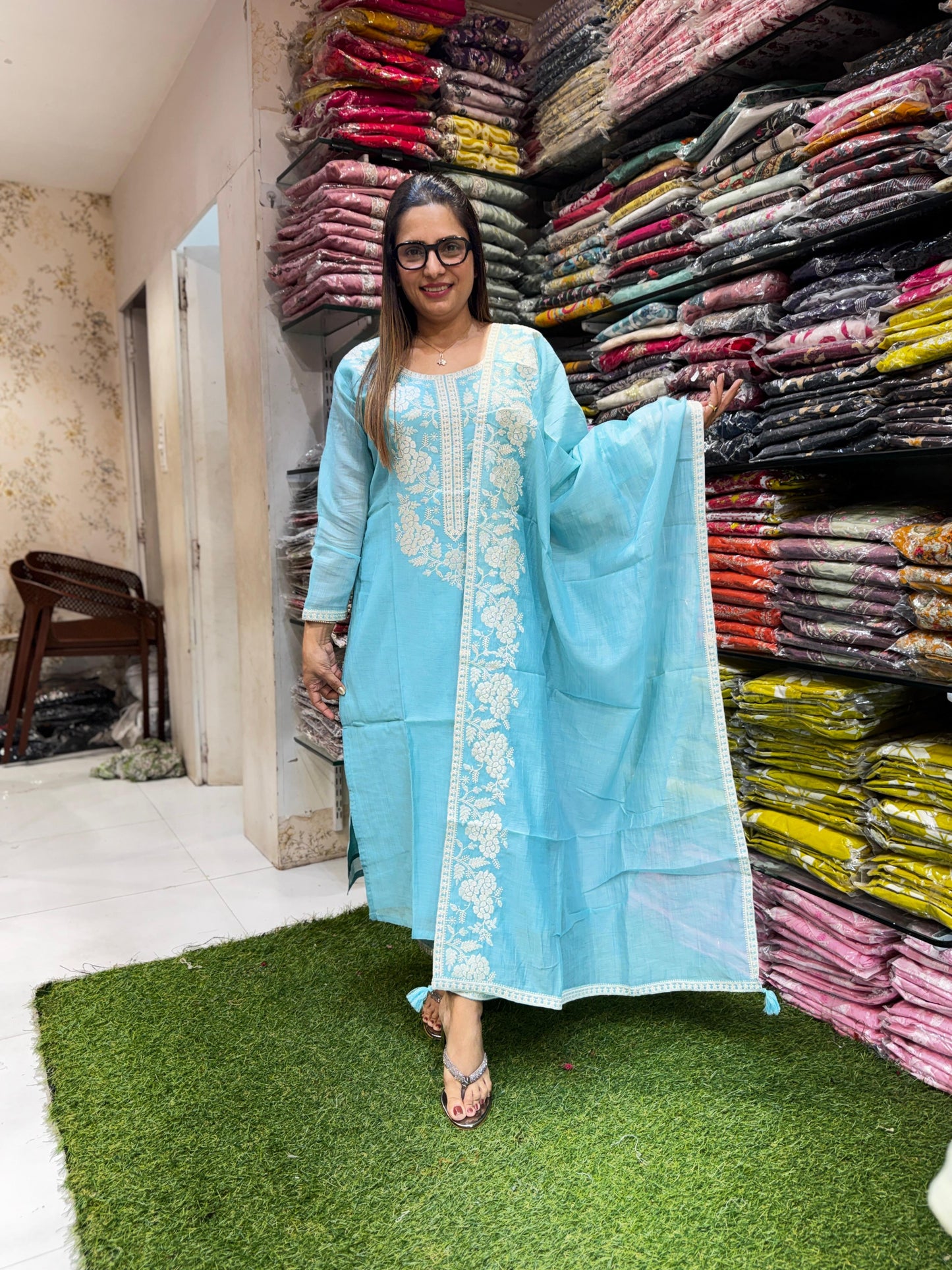 Pure Banaras Mull Chanderi Sky Blue 3pc Set