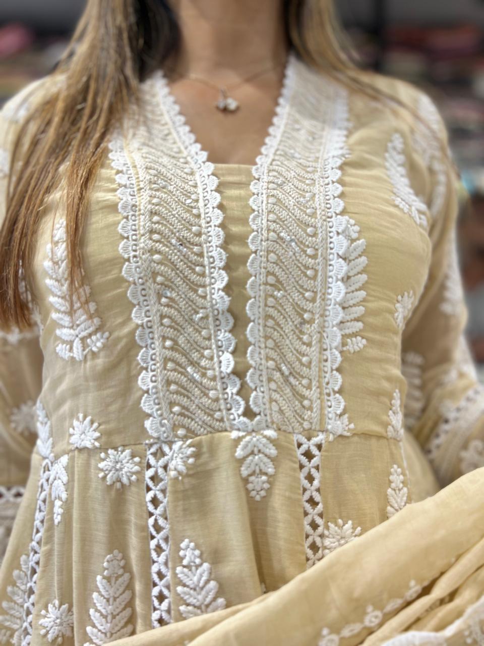 Pure Mull Cotton Beige Shoulder Anarkali 3pc Set