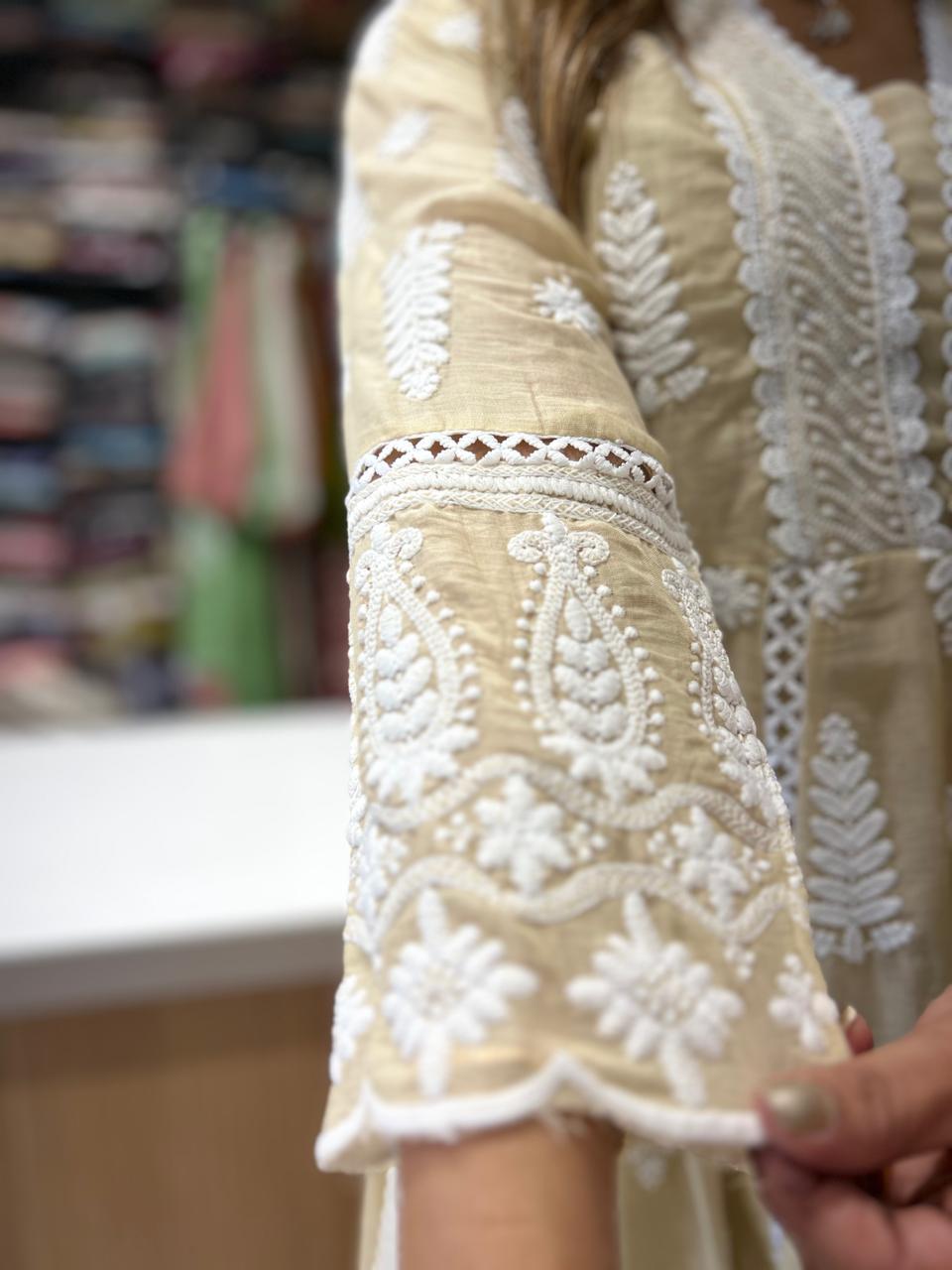 Pure Mull Cotton Beige Shoulder Anarkali 3pc Set