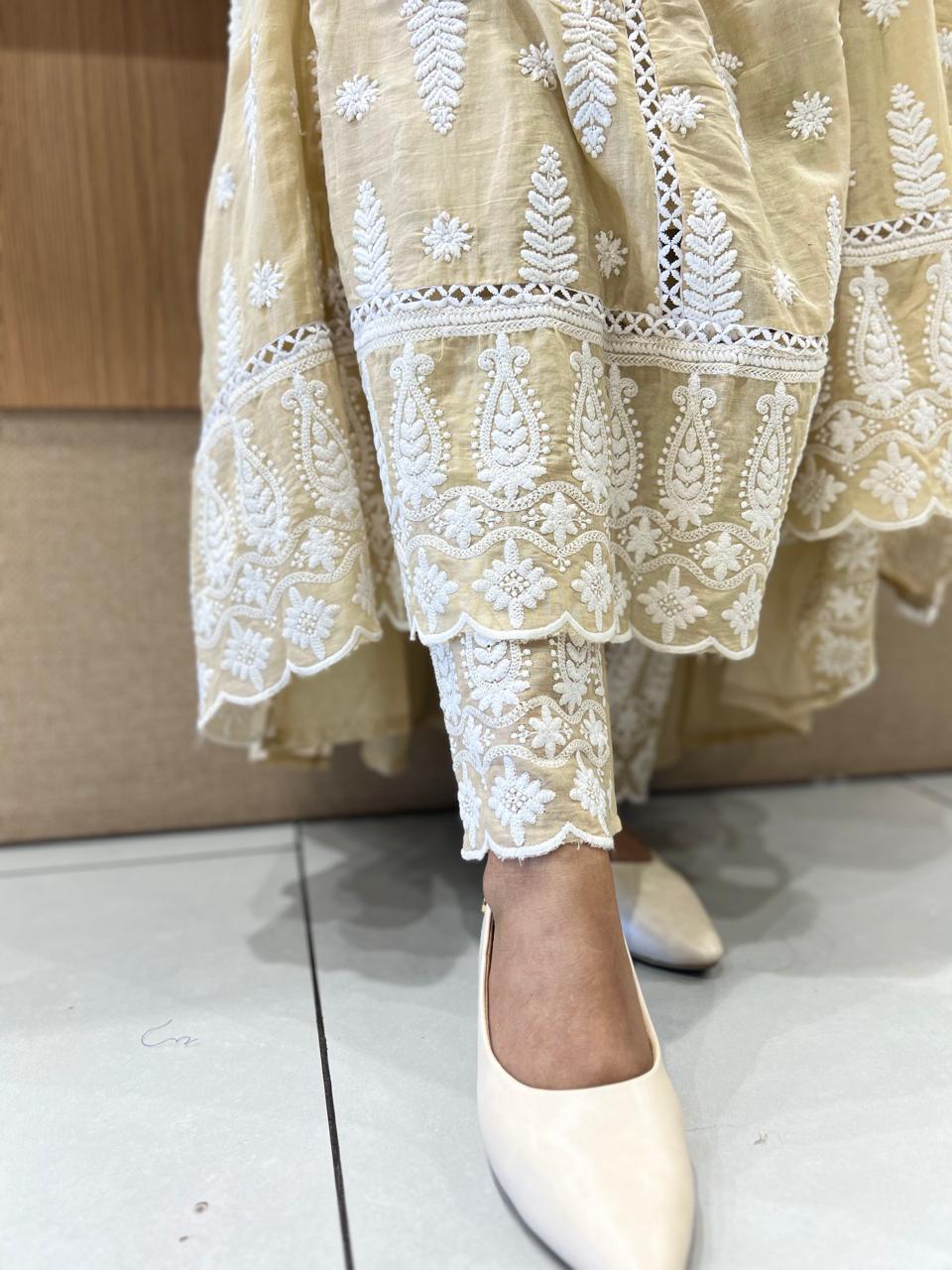 Pure Mull Cotton Beige Shoulder Anarkali 3pc Set