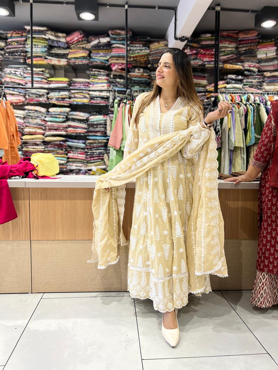 Pure Mull Cotton Beige Shoulder Anarkali 3pc Set