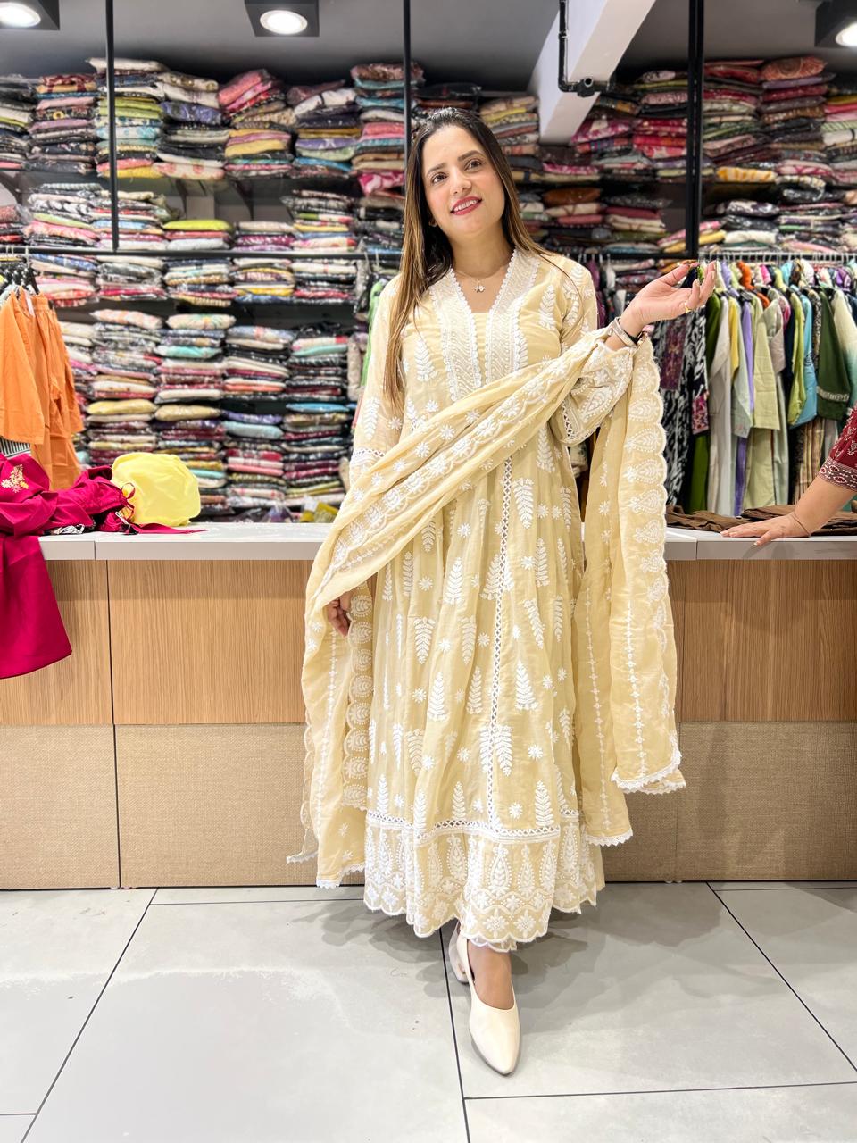 Pure Mull Cotton Beige Shoulder Anarkali 3pc Set