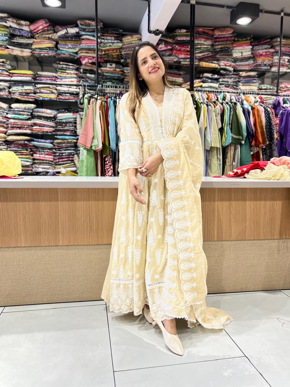 Pure Mull Cotton Beige Shoulder Anarkali 3pc Set