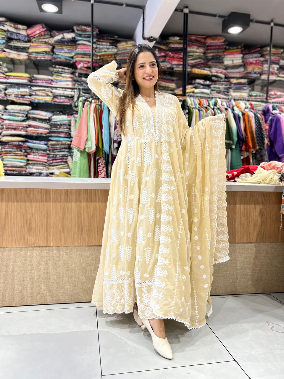 Pure Mull Cotton Beige Shoulder Anarkali 3pc Set