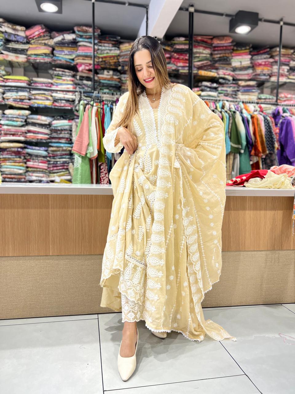 Pure Mull Cotton Beige Shoulder Anarkali 3pc Set