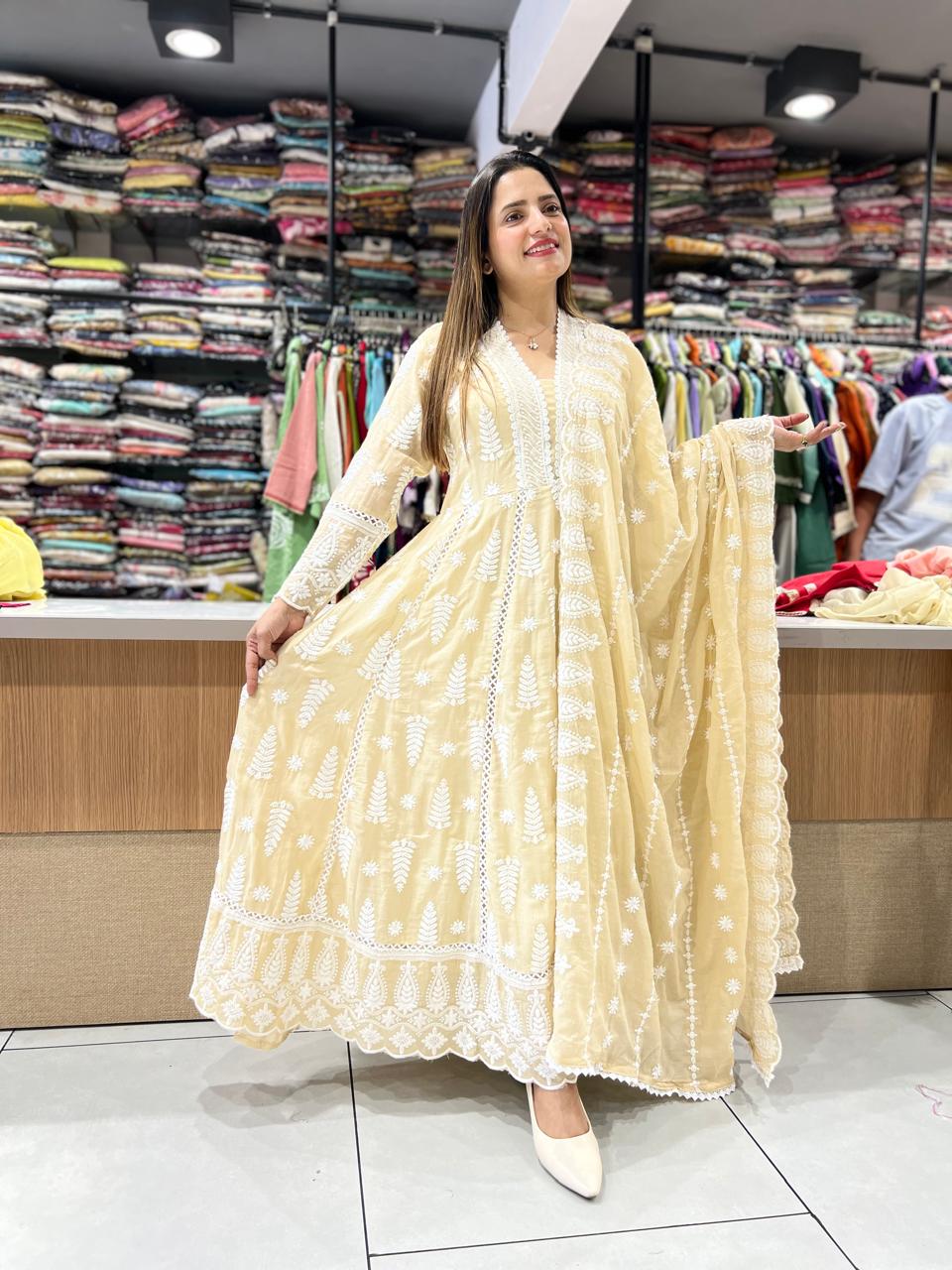 Pure Mull Cotton Beige Shoulder Anarkali 3pc Set