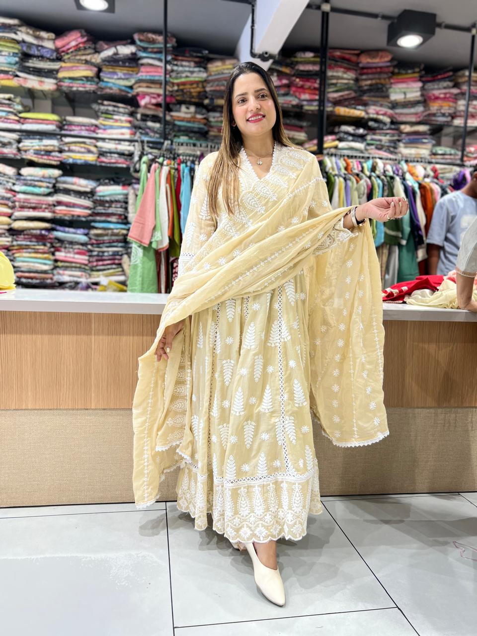 Pure Mull Cotton Beige Shoulder Anarkali 3pc Set