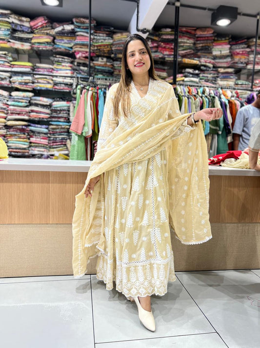 Pure Mull Cotton Beige Shoulder Anarkali 3pc Set