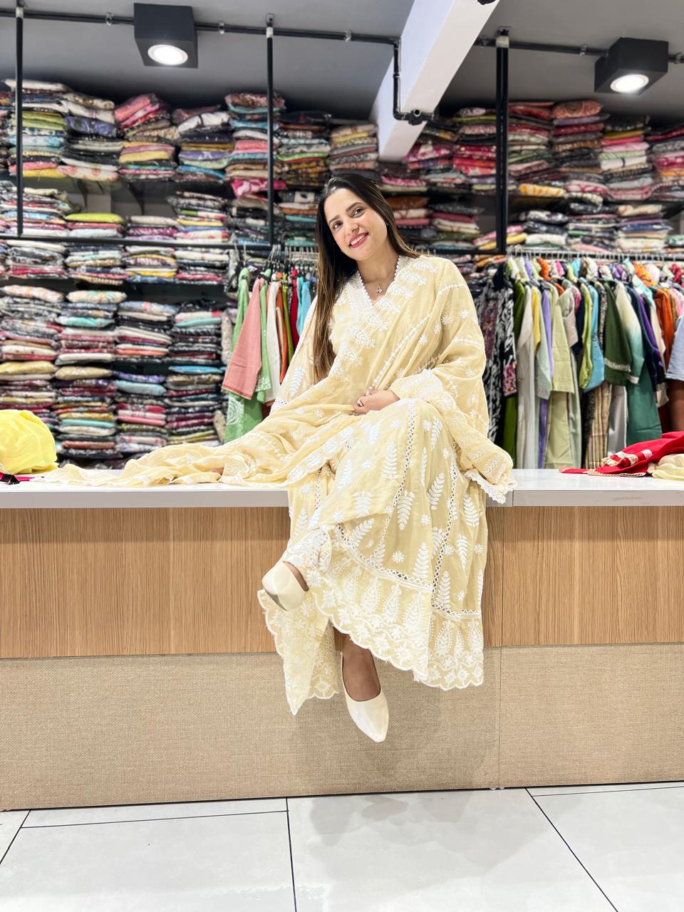 Pure Mull Cotton Beige Shoulder Anarkali 3pc Set