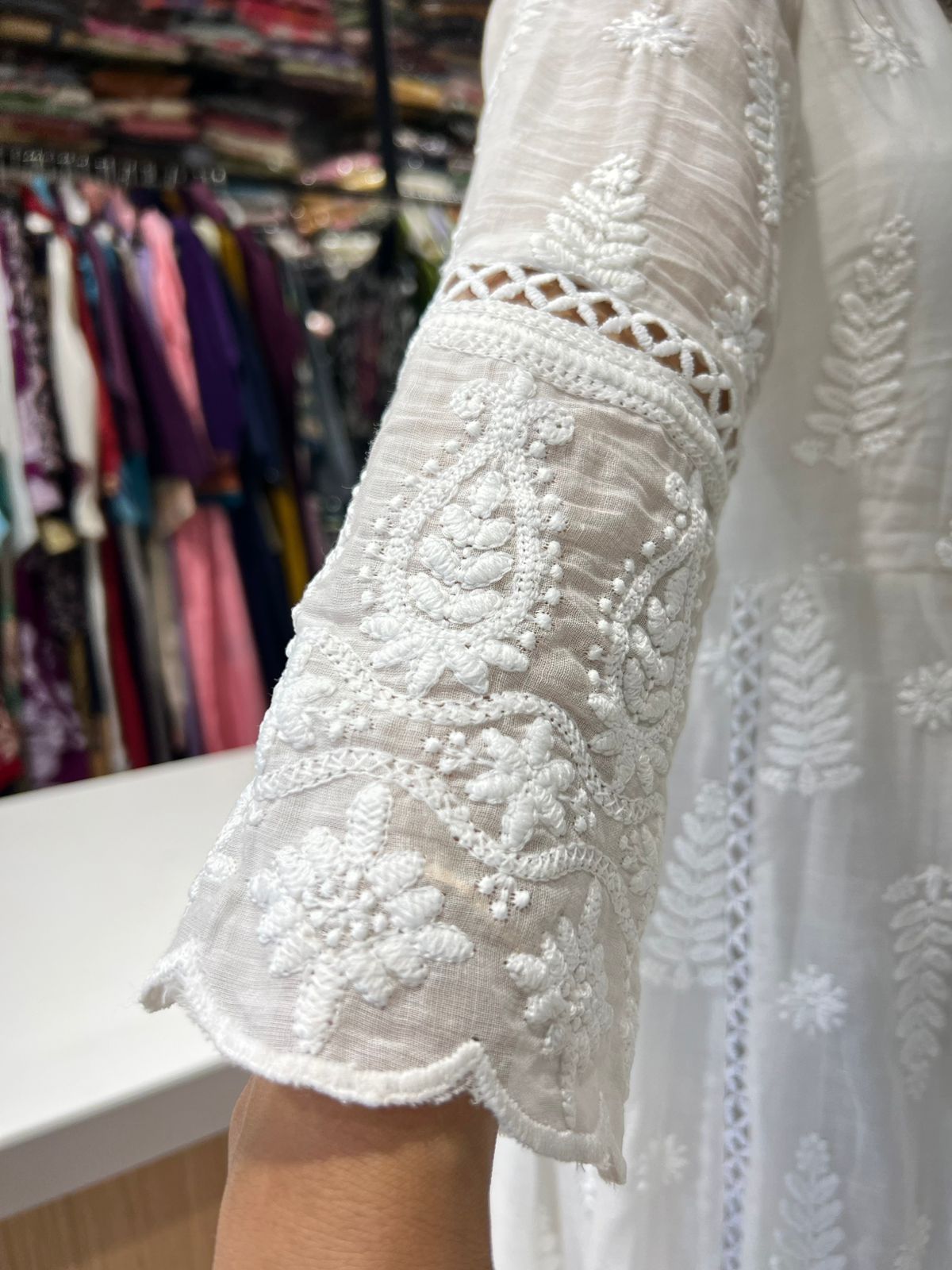 Pure Mull Cotton White Shoulder Anarkali 3pc Set