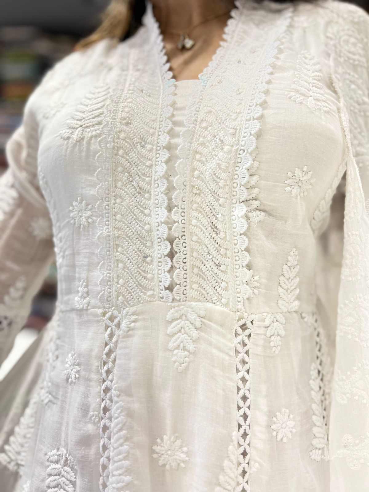 Pure Mull Cotton White Shoulder Anarkali 3pc Set