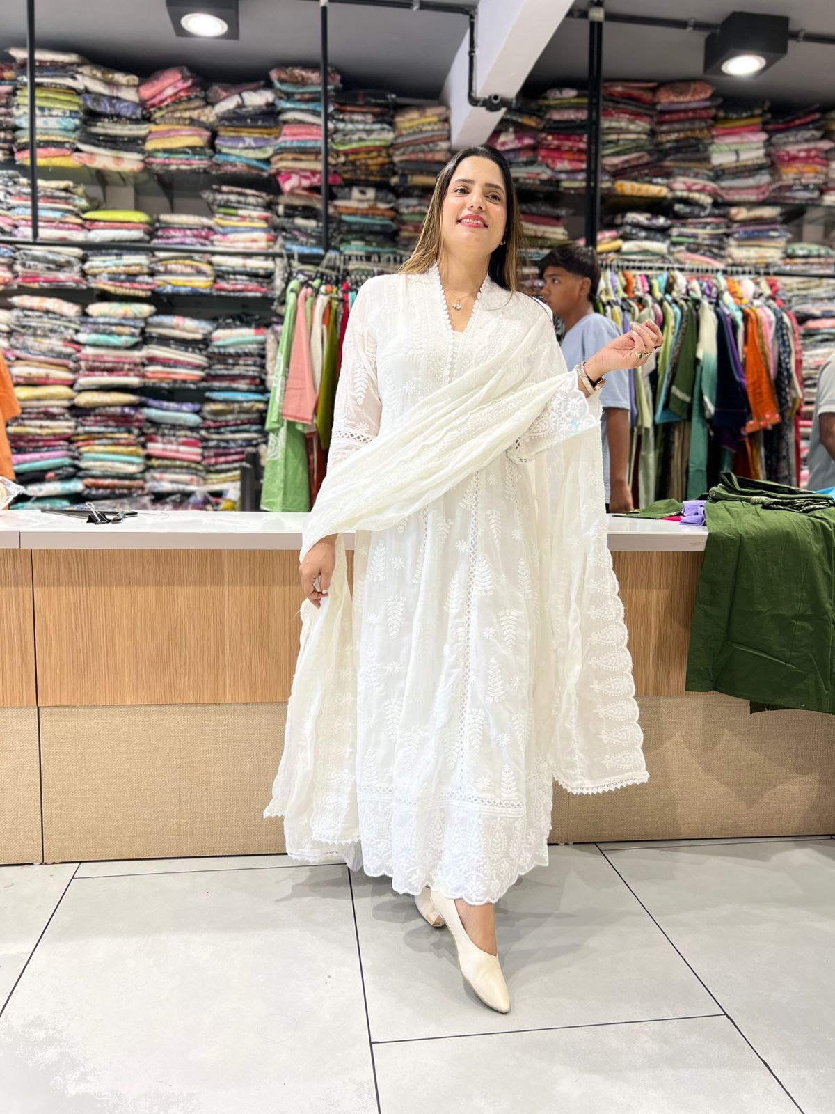 Pure Mull Cotton White Shoulder Anarkali 3pc Set