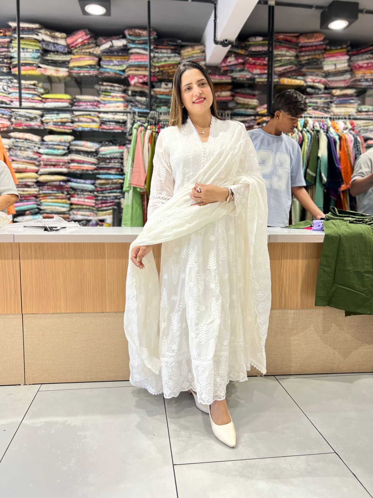 Pure Mull Cotton White Shoulder Anarkali 3pc Set