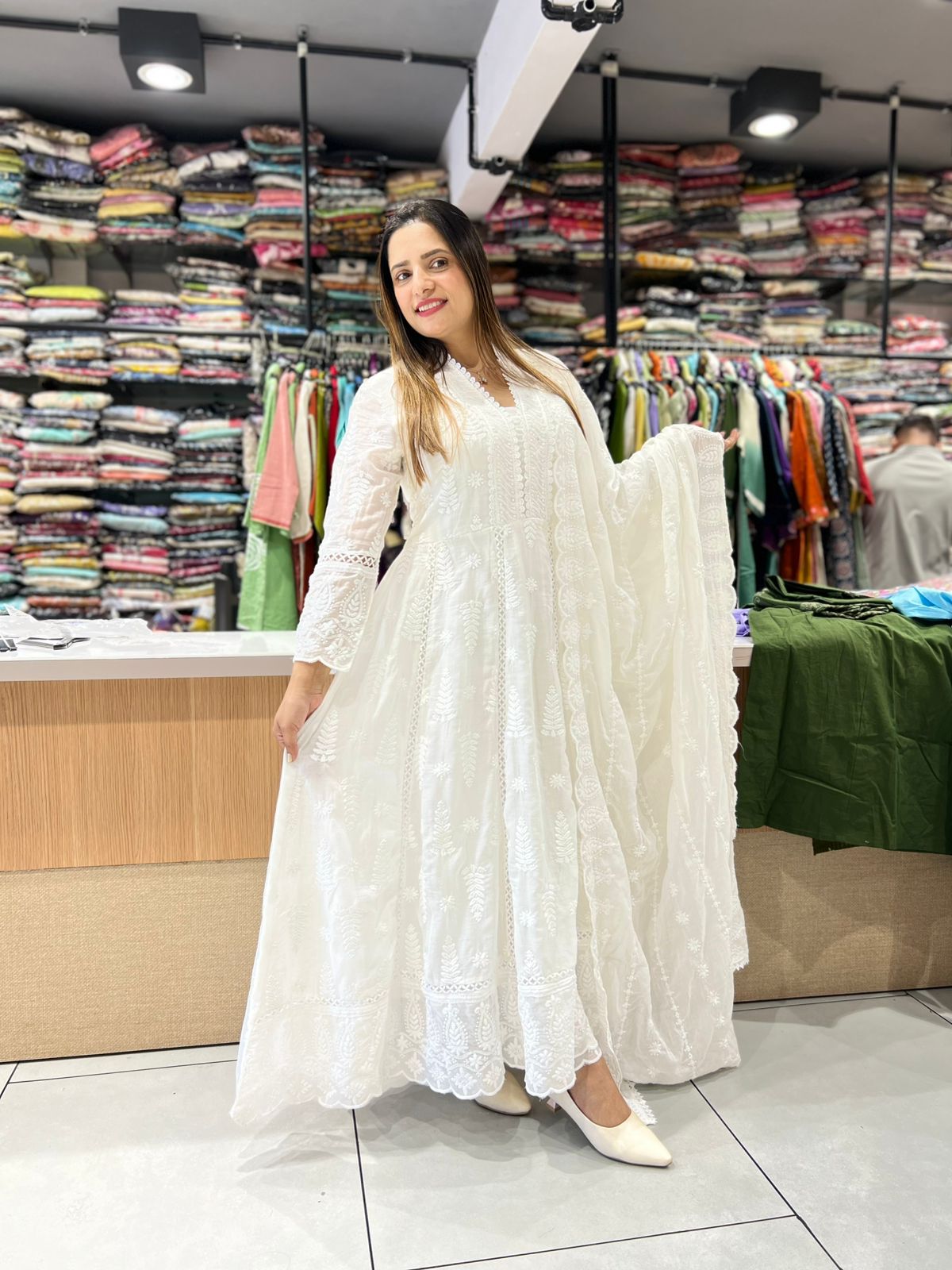 Pure Mull Cotton White Shoulder Anarkali 3pc Set