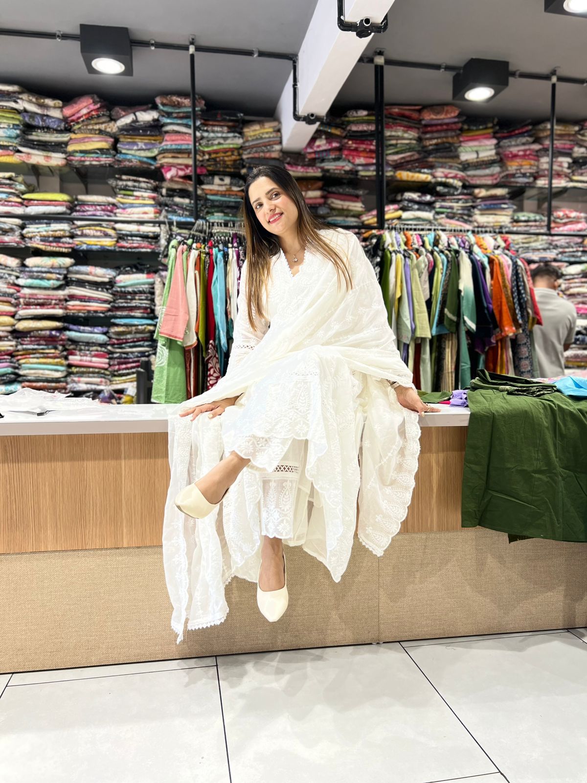 Pure Mull Cotton White Shoulder Anarkali 3pc Set