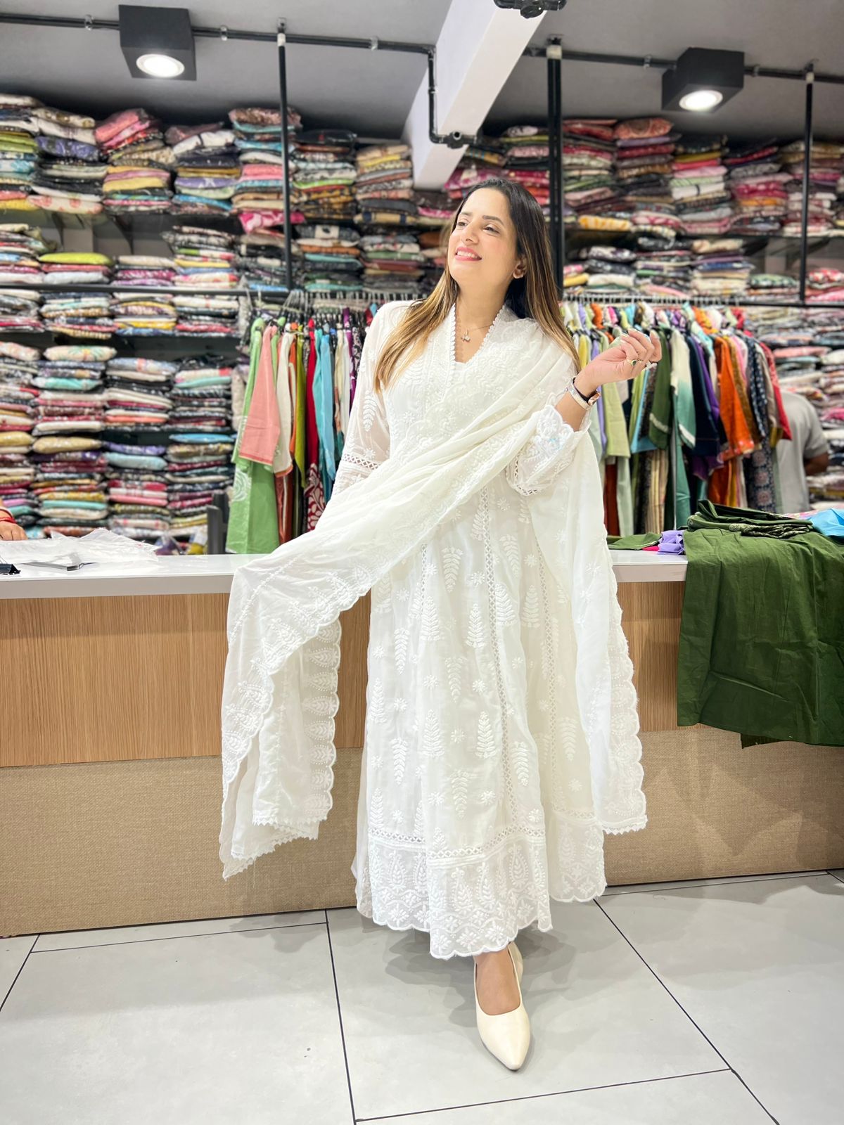 Pure Mull Cotton White Shoulder Anarkali 3pc Set