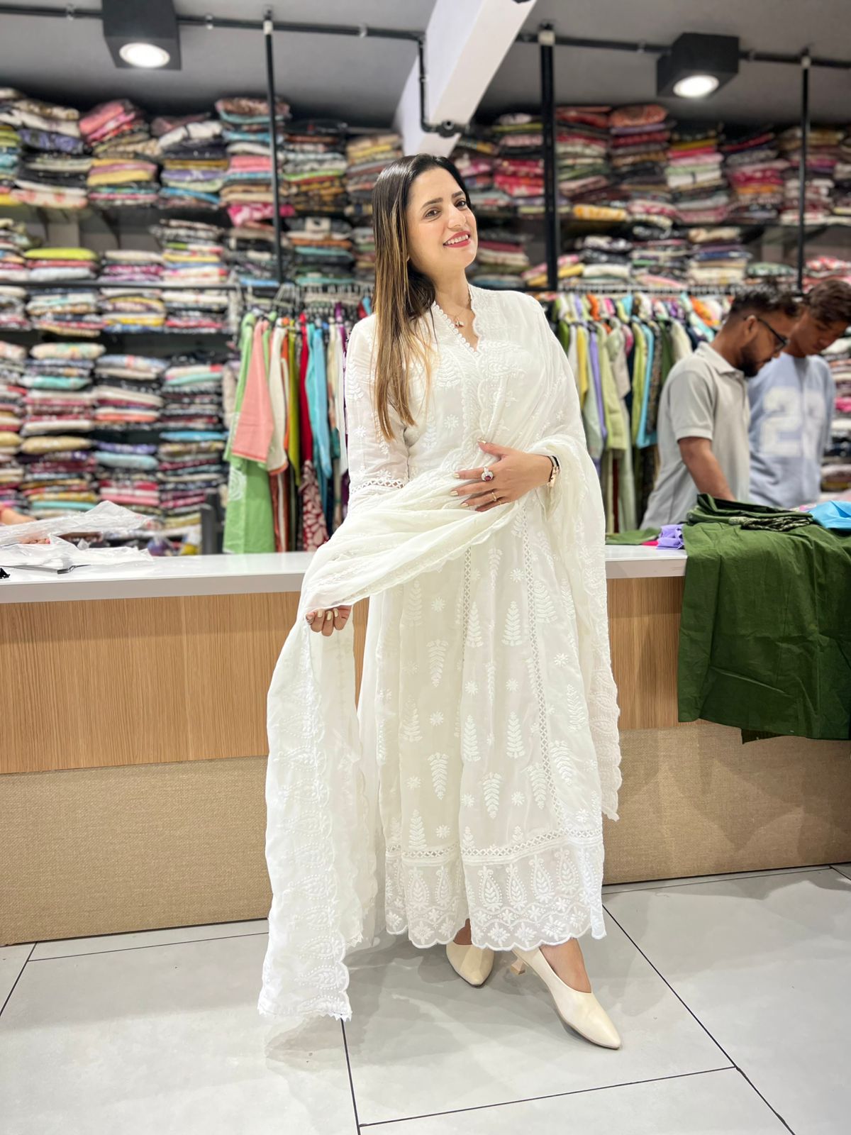 Pure Mull Cotton White Shoulder Anarkali 3pc Set