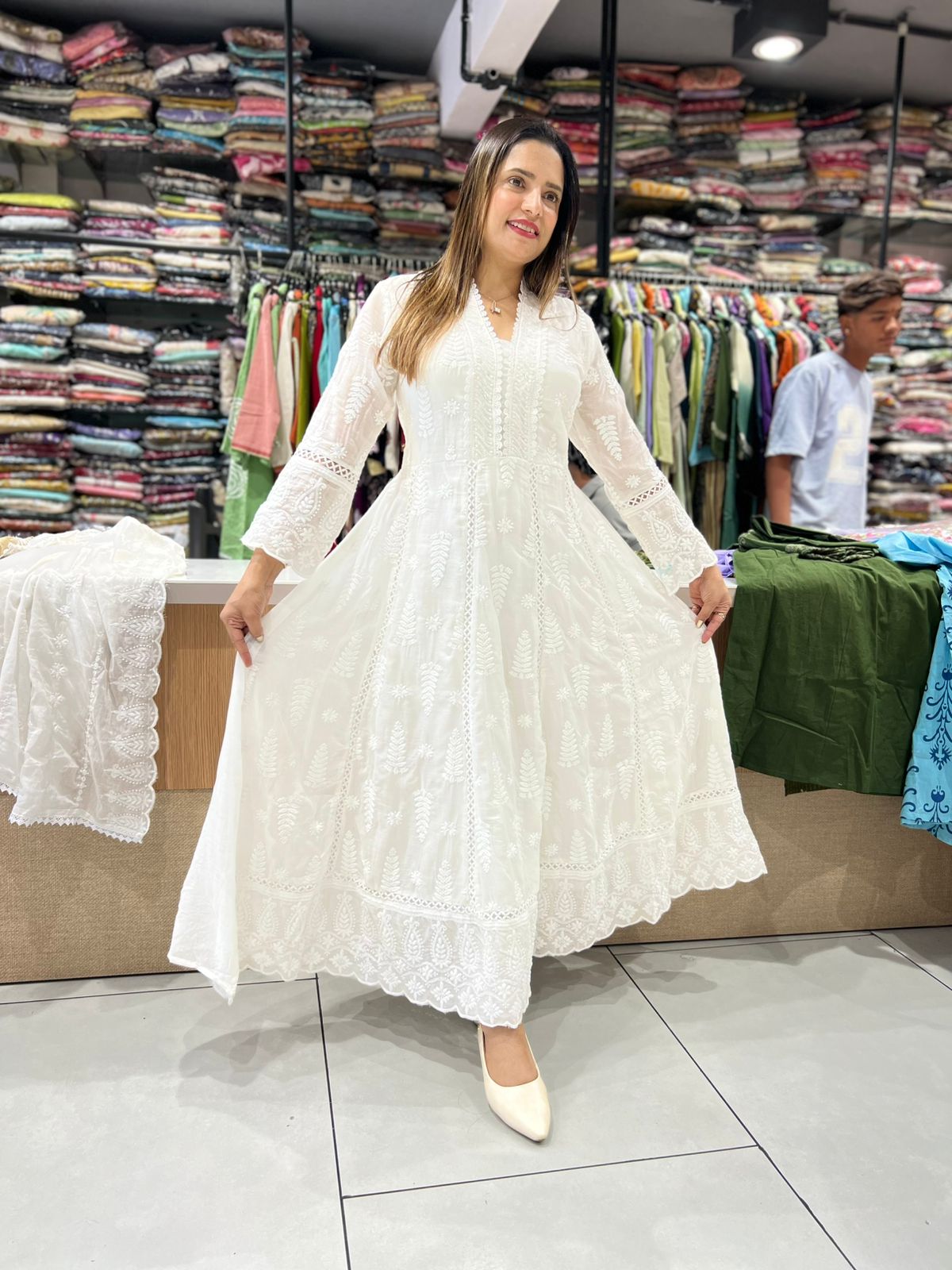 Pure Mull Cotton White Shoulder Anarkali 3pc Set