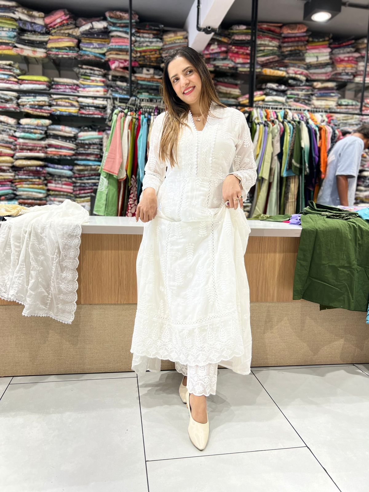 Pure Mull Cotton White Shoulder Anarkali 3pc Set