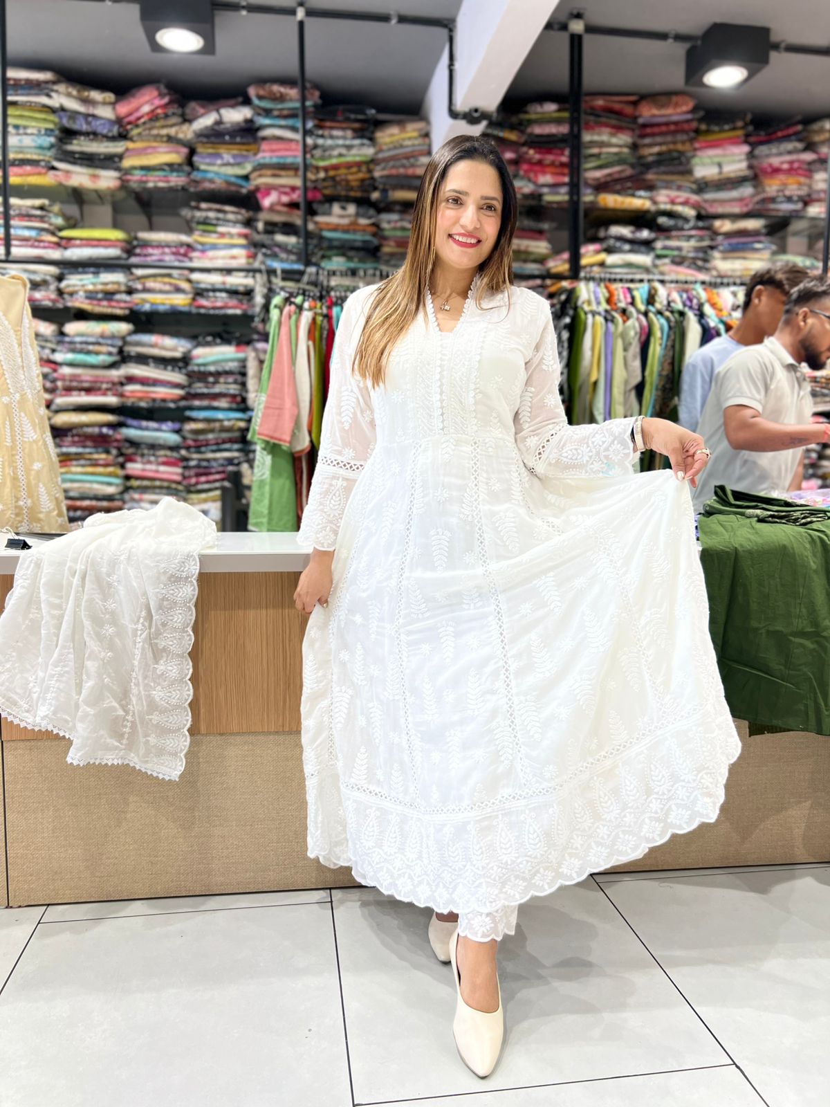 Pure Mull Cotton White Shoulder Anarkali 3pc Set