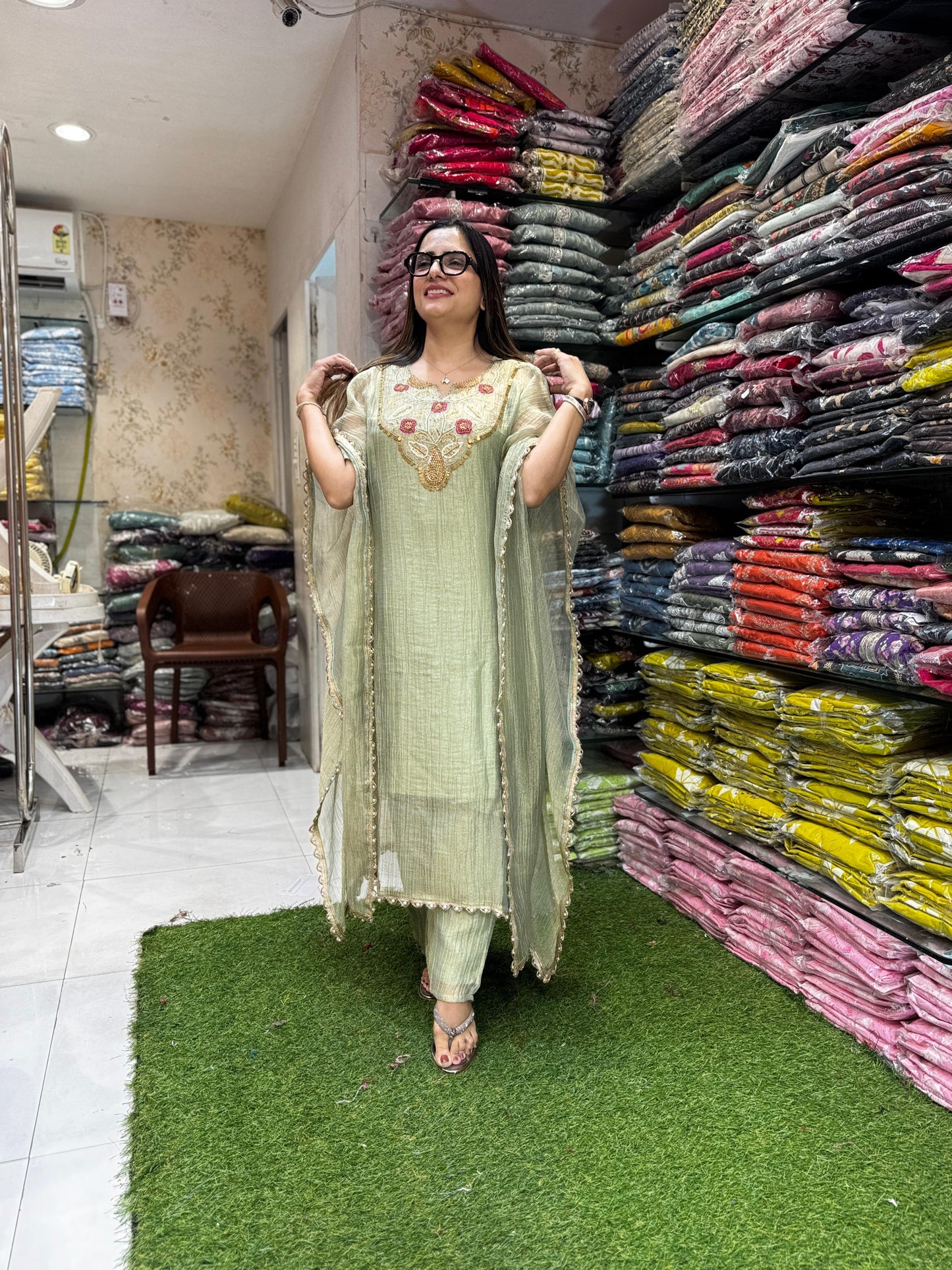 Pure Glass Crush Tissue Pastle Green Kaftan 2pc Set