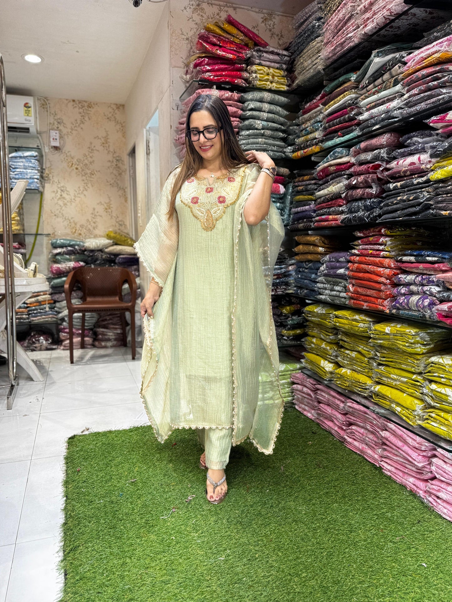 Pure Glass Crush Tissue Pastle Green Kaftan 2pc Set