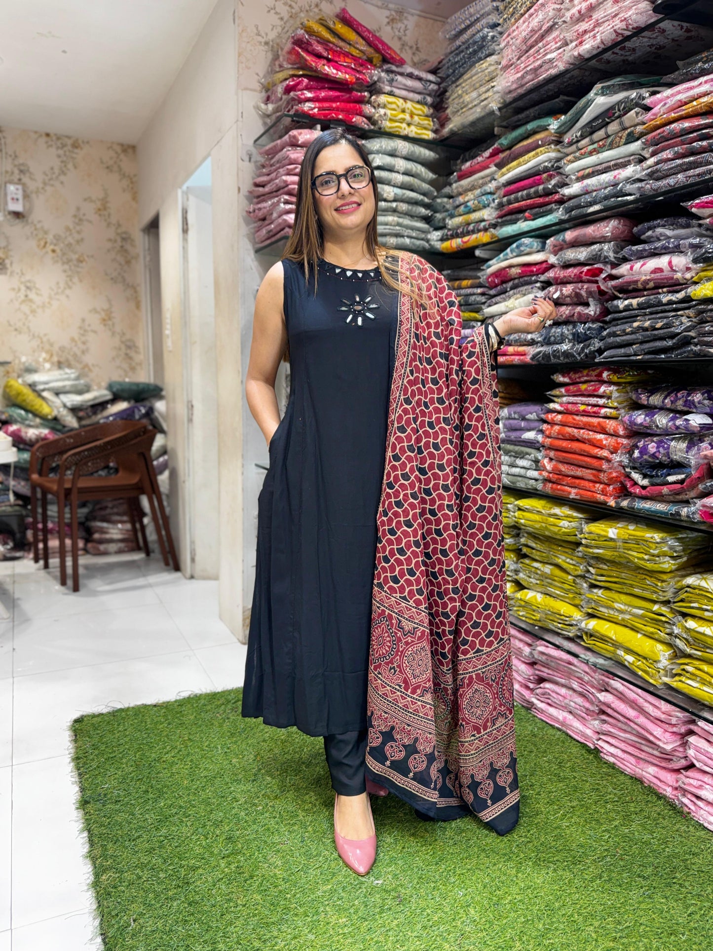 Pure German Rayon Black A Line Anarkali 3pc Set