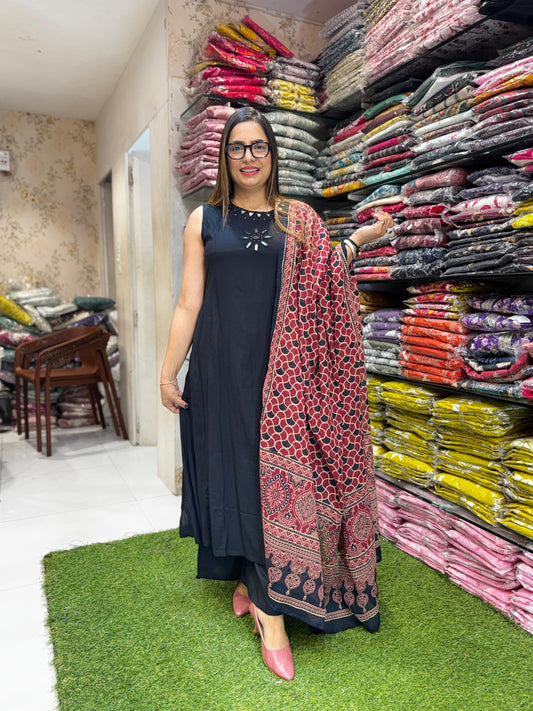 Pure German Rayon Black A Line Anarkali 3pc Set