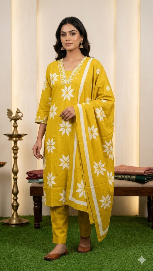 Pure Cotton Mustard Green 3pc Set