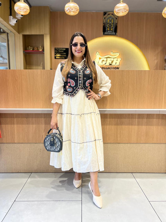 Pure Mull Cotton Off White Midi With Jacket