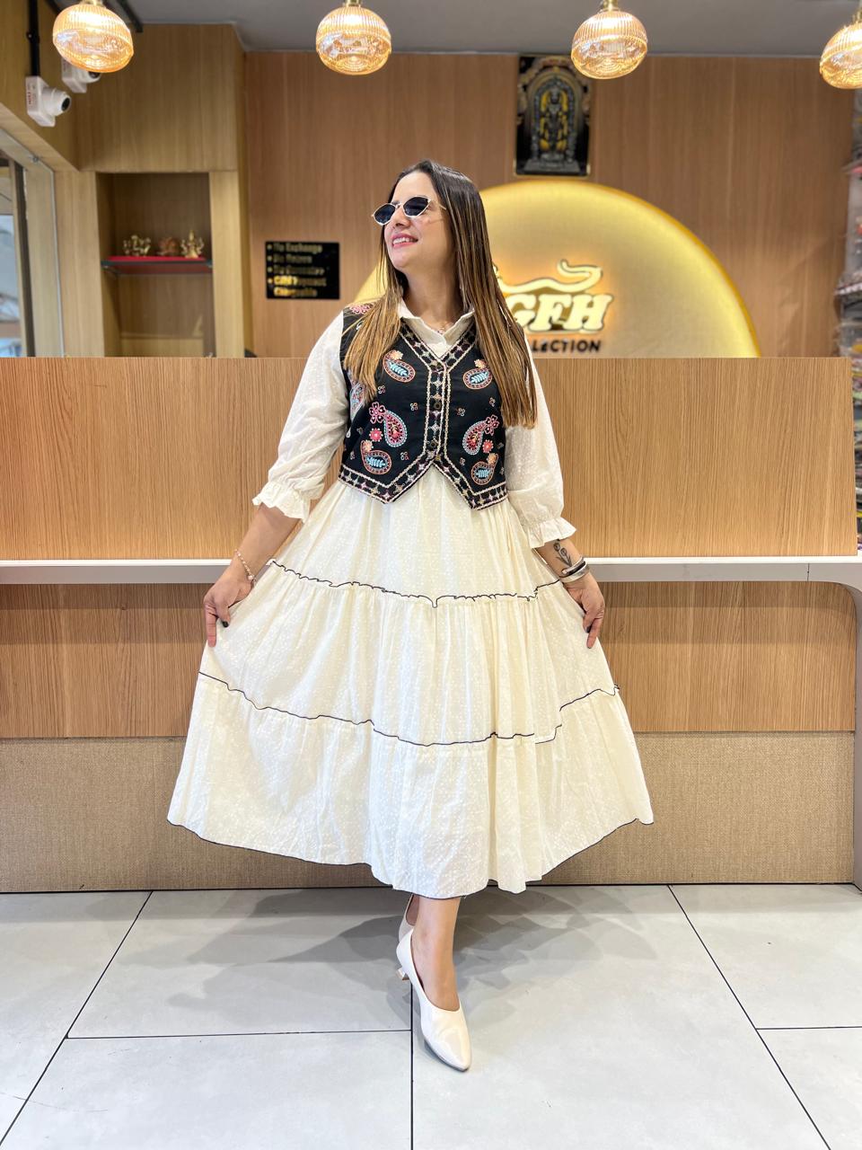 Pure Mull Cotton Off White Midi With Jacket