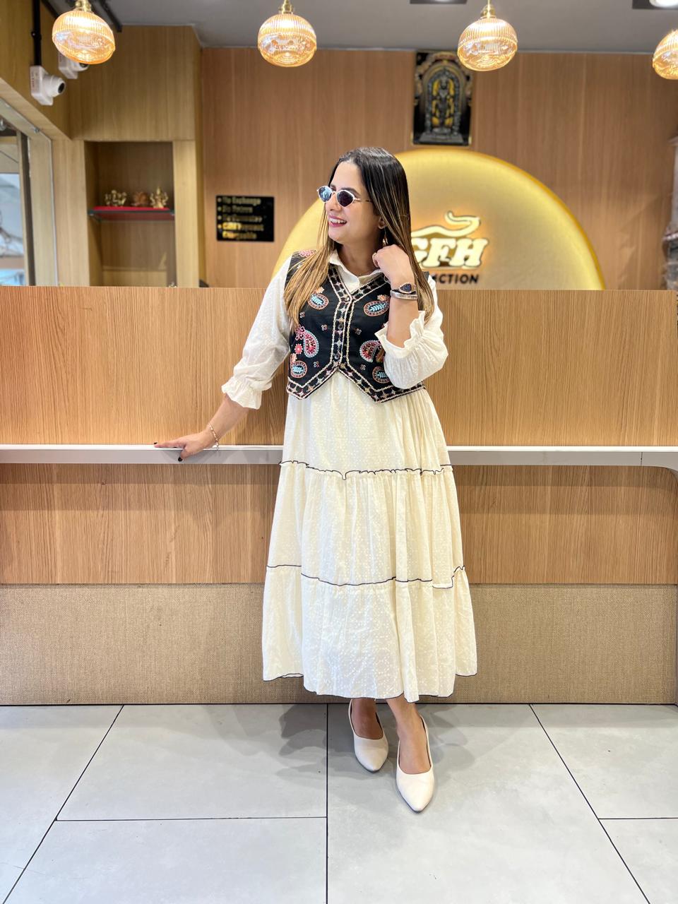 Pure Mull Cotton Off White Midi With Jacket