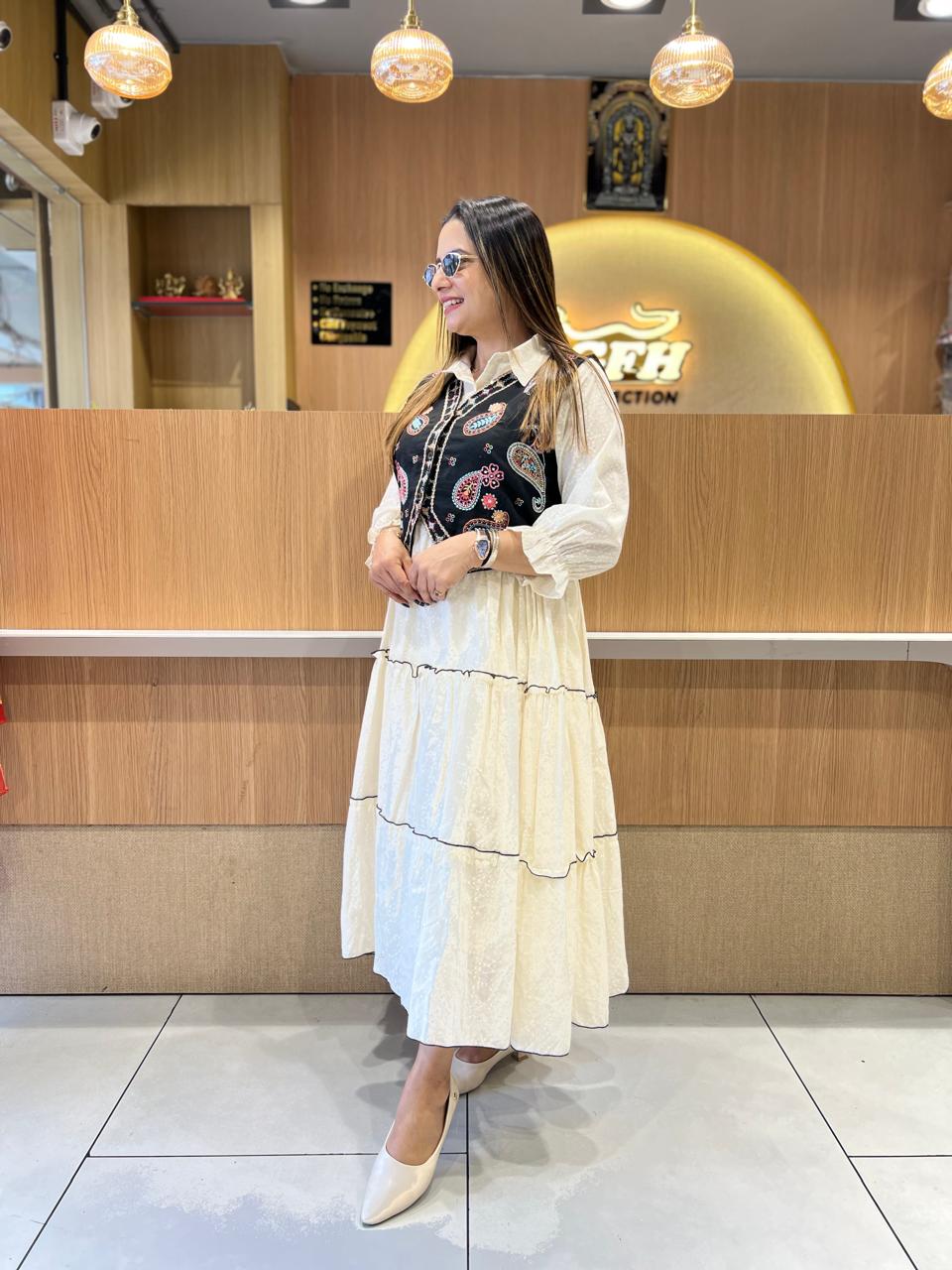 Pure Mull Cotton Off White Midi With Jacket