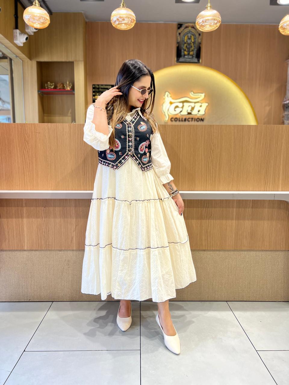 Pure Mull Cotton Off White Midi With Jacket