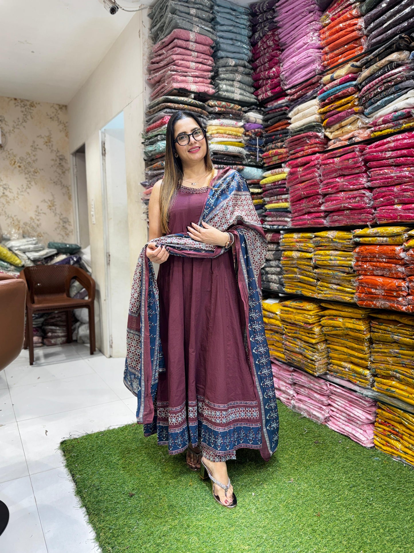 Pure Cotton Wine Shoulder Anarkali 3pc Set