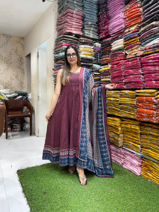 Pure Cotton Wine Shoulder Anarkali 3pc Set