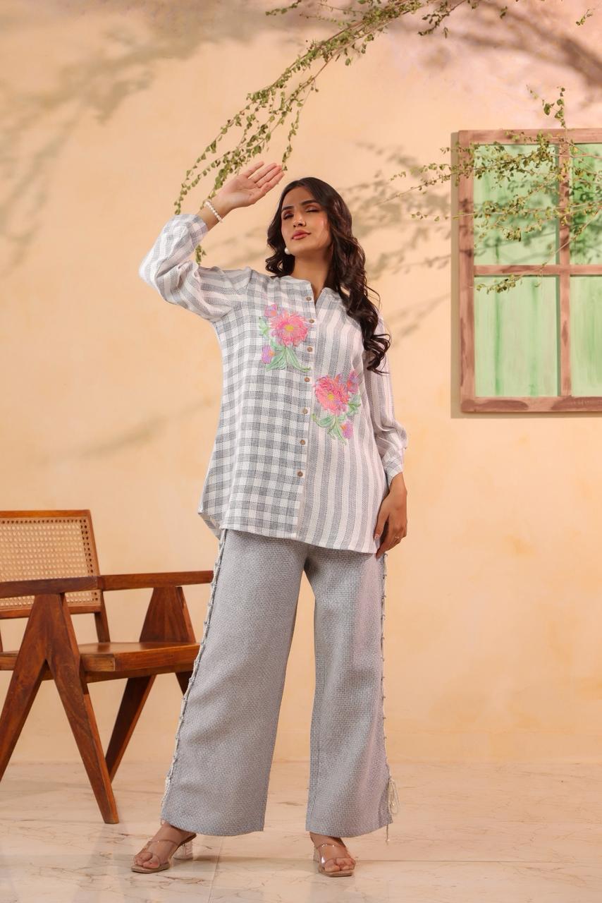 Pure Cotton Jute Off White And Gray 2pc Set