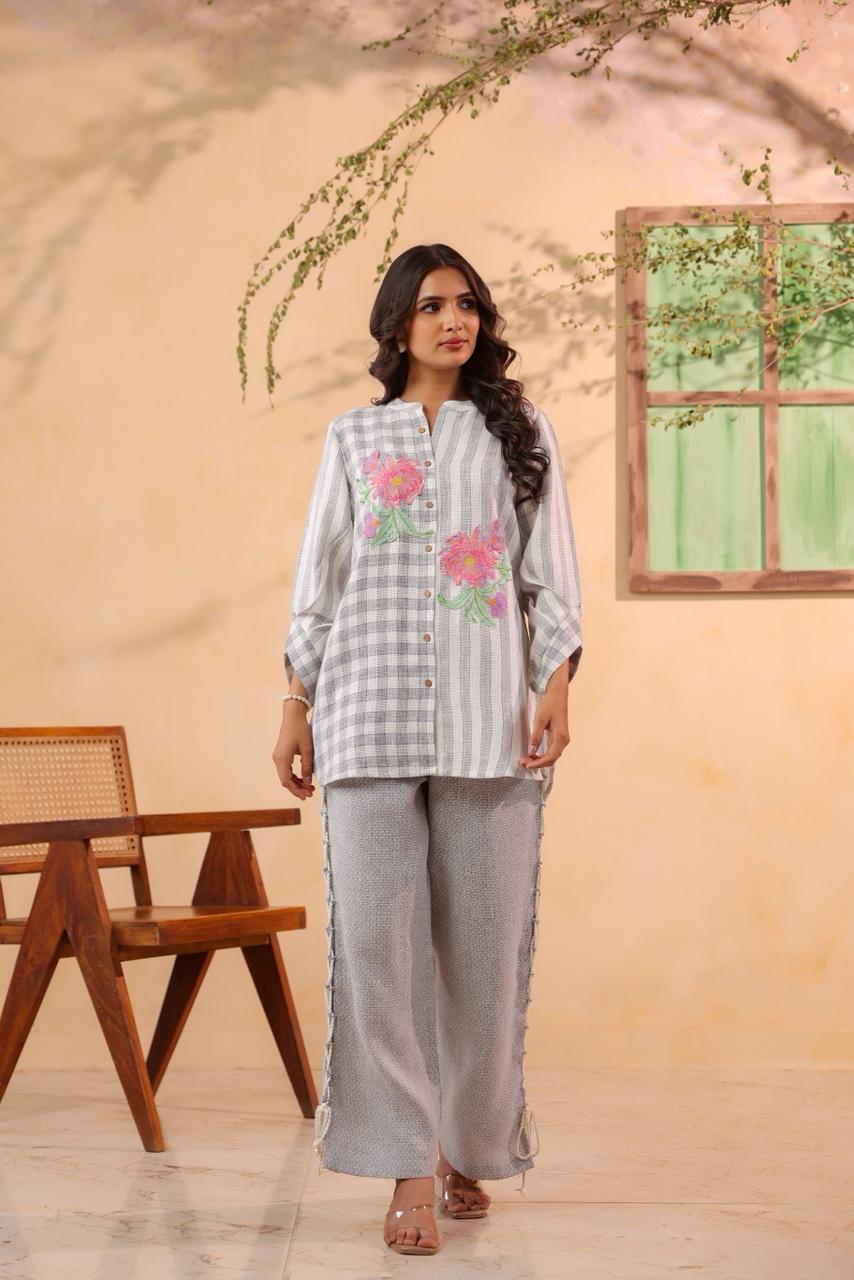 Pure Cotton Jute Off White And Gray 2pc Set