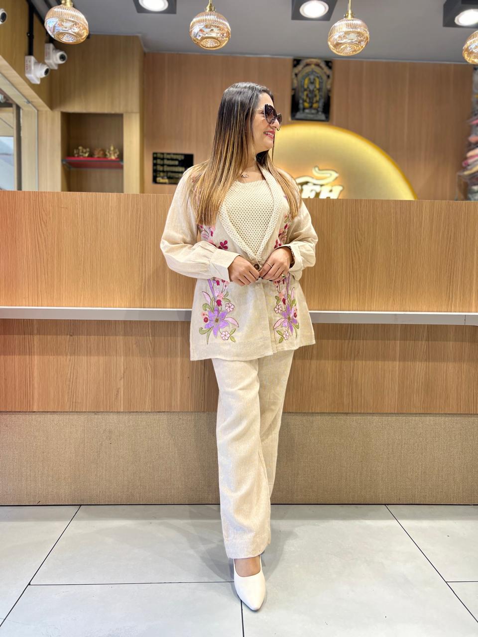 Pure Jute Cotton Off White 2pc Set With Jacket