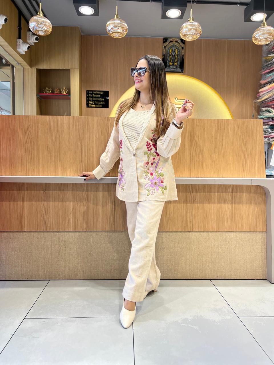 Pure Jute Cotton Off White 2pc Set With Jacket
