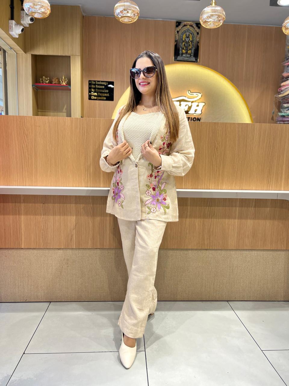 Pure Jute Cotton Off White 2pc Set With Jacket