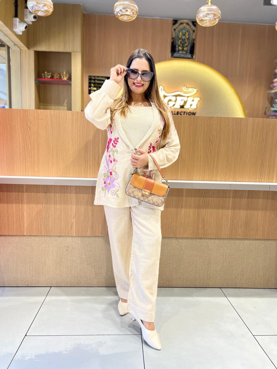 Pure Jute Cotton Off White 2pc Set With Jacket