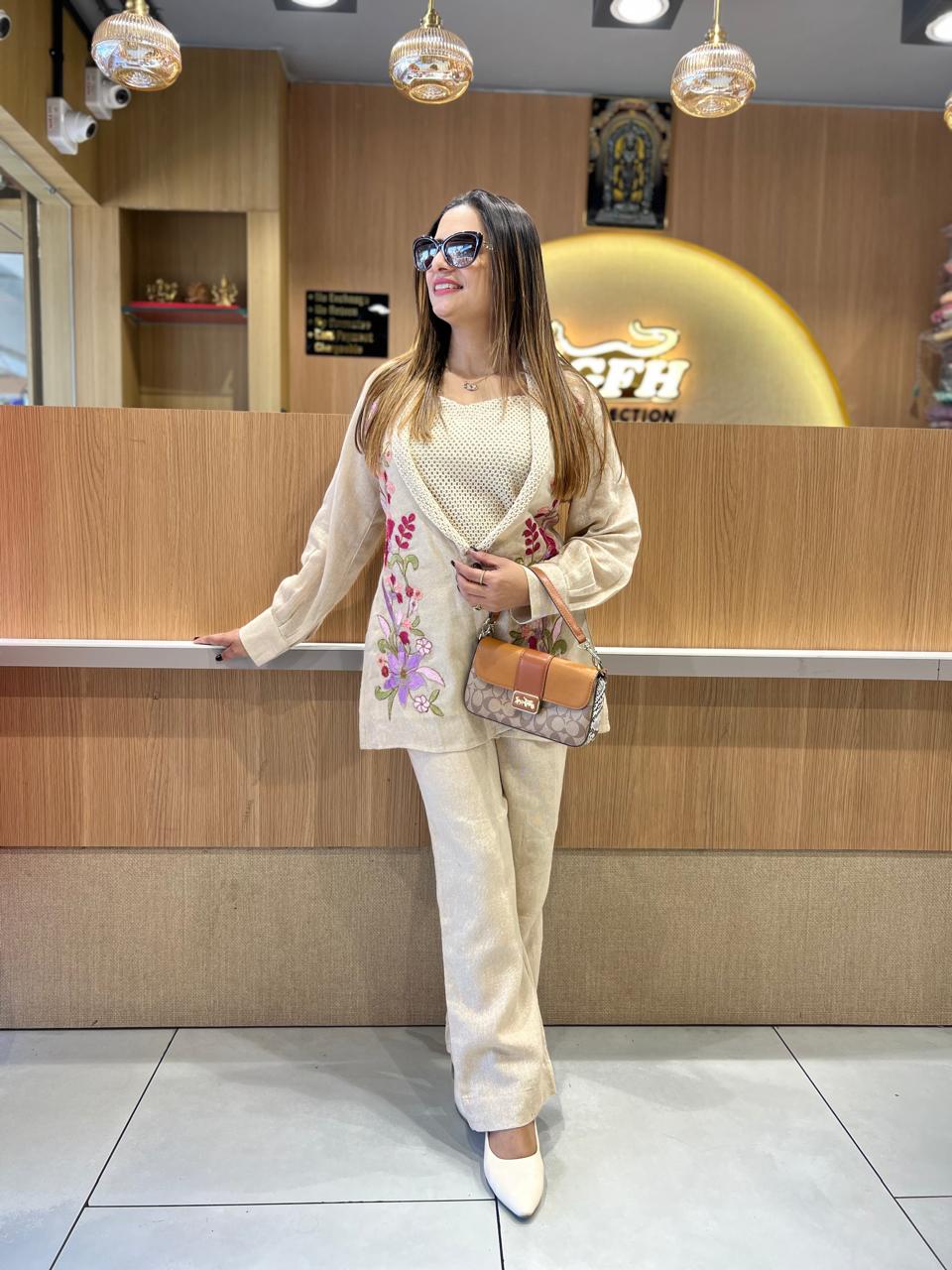 Pure Jute Cotton Off White 2pc Set With Jacket