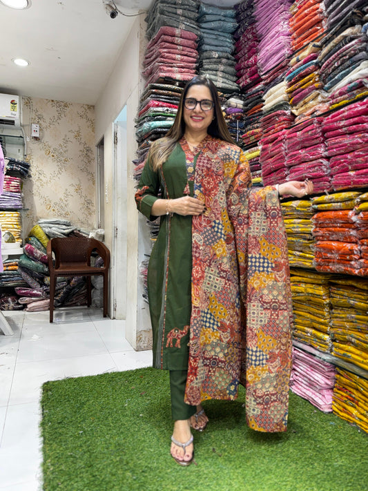 Pure Cotton Mahendi Green 3pc Set